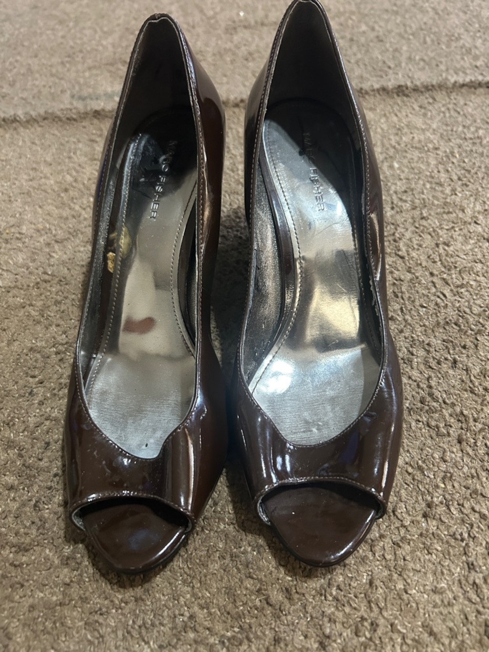 Marc Fisher Brown Patent Peep-Toe Heels